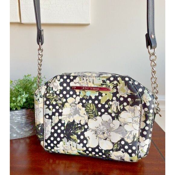 Betsy Johnson Crossbody Purse, Polka Dots Floral Yellow Black Gray - Picture 1 of 7